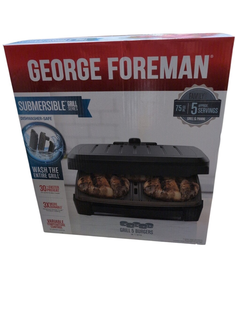 NIB George Foreman Submersible Grill Black Dishwasher Safe 5 Serving Non Stick